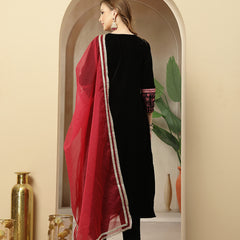 Stylum Women's Black Solid & Embroidered Velvet A-Line Kurta Pant Dupatta Set (KPDBLACKJUGMUG)