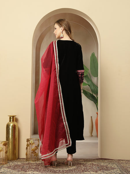 Stylum Women's Black Solid & Embroidered Velvet A-Line Kurta Pant Dupatta Set (KPDBLACKJUGMUG)