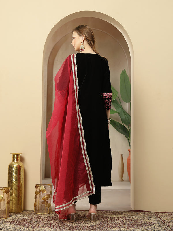 Stylum Women's Black Solid & Embroidered Velvet A-Line Kurta Pant Dupatta Set (KPDBLACKJUGMUG)