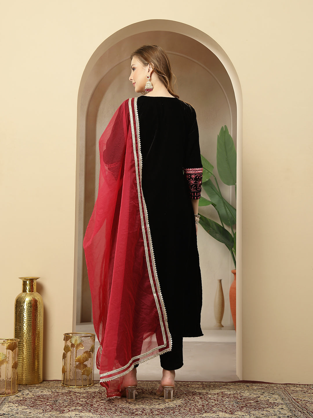 Stylum Women's Black Solid & Embroidered Velvet A-Line Kurta Pant Dupatta Set (KPDBLACKJUGMUG)