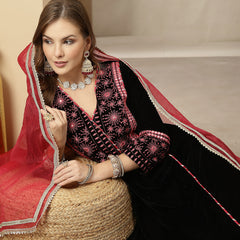 Stylum Women's Black Solid & Embroidered Velvet A-Line Kurta Pant Dupatta Set (KPDBLACKJUGMUG)