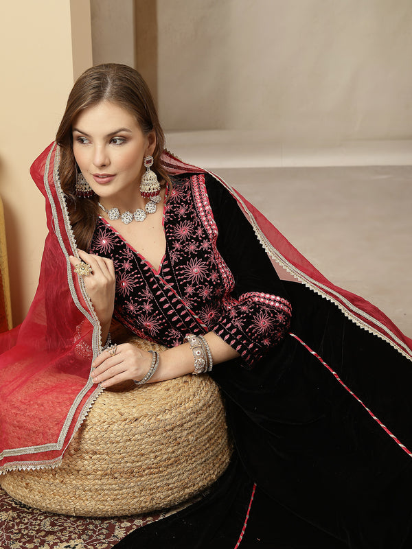Stylum Women's Black Solid & Embroidered Velvet A-Line Kurta Pant Dupatta Set (KPDBLACKJUGMUG)