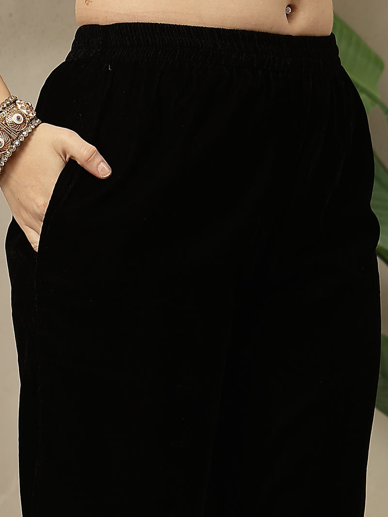 Stylum Women's Black Solid & Embroidered Velvet A-Line Kurta Pant Dupatta Set (KPDBLACKJUGMUG)