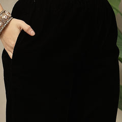 Stylum Women's Black Solid & Embroidered Velvet A-Line Kurta Pant Dupatta Set (KPDBLACKJUGMUG)