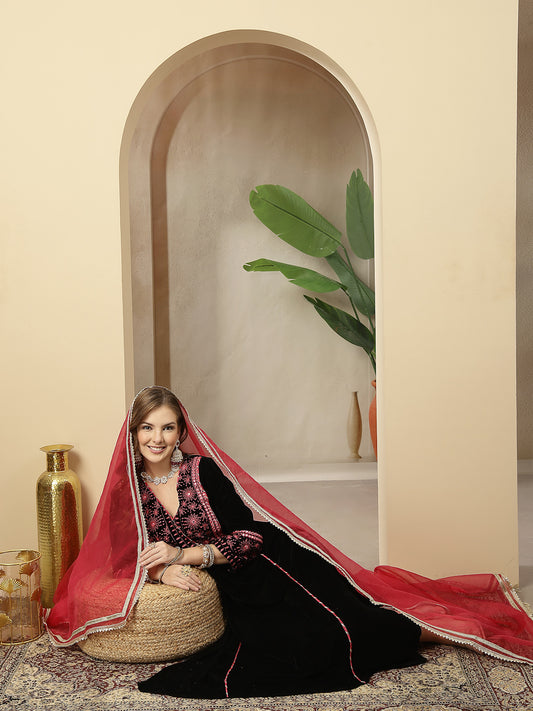 Stylum Women's Black Solid & Embroidered Velvet A-Line Kurta Pant Dupatta Set (KPDBLACKJUGMUG)