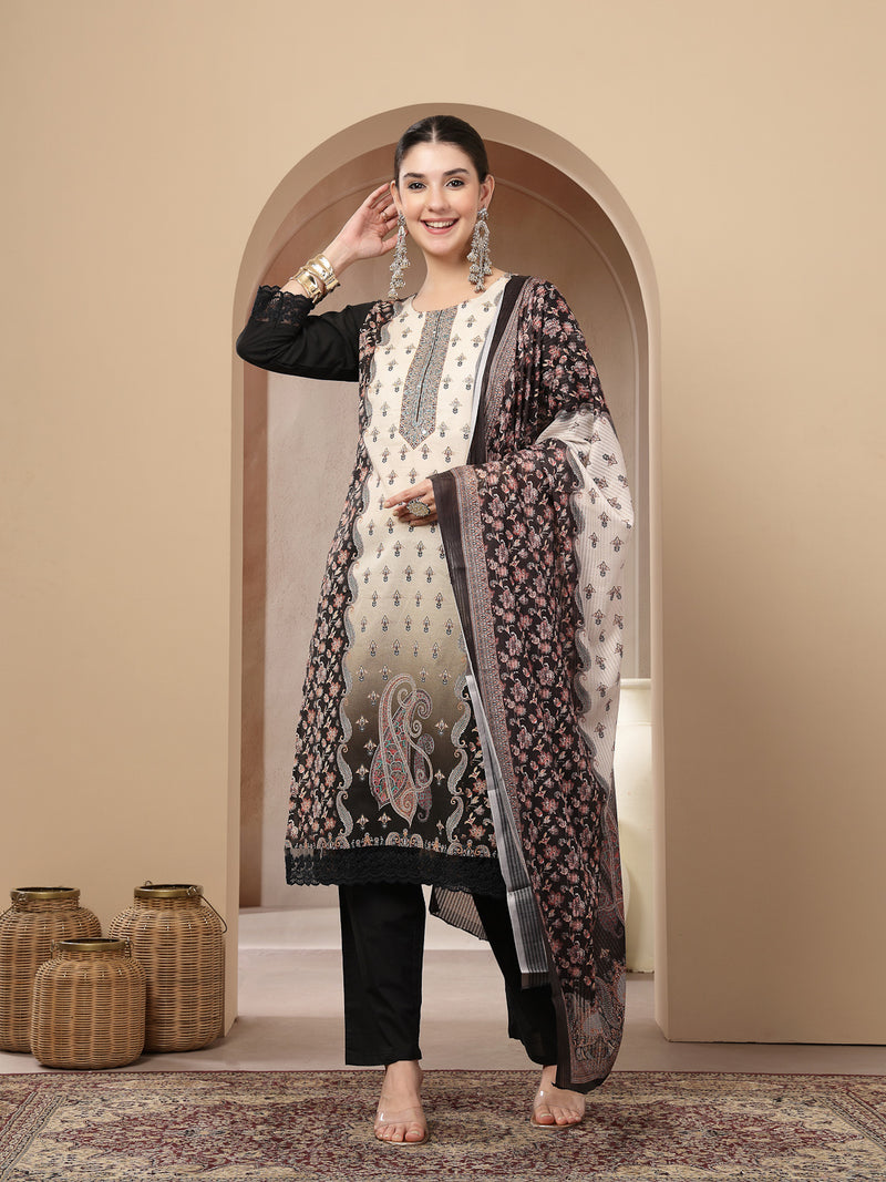 Stylum Women's Black Ethnic Printed Cotton Straight Kurta Pant Dupatta Set (KPDBLACKKANG)