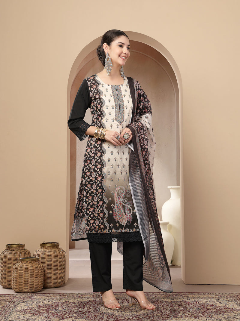 Stylum Women's Black Ethnic Printed Cotton Straight Kurta Pant Dupatta Set (KPDBLACKKANG)