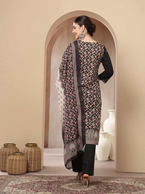 Stylum Women's Black Ethnic Printed Cotton Straight Kurta Pant Dupatta Set (KPDBLACKKANG)