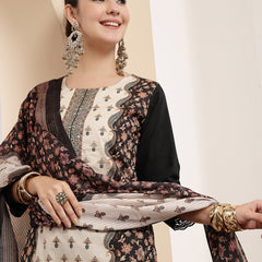 Stylum Women's Black Ethnic Printed Cotton Straight Kurta Pant Dupatta Set (KPDBLACKKANG)