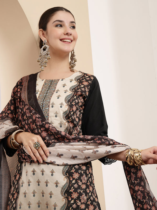 Stylum Women's Black Ethnic Printed Cotton Straight Kurta Pant Dupatta Set (KPDBLACKKANG)