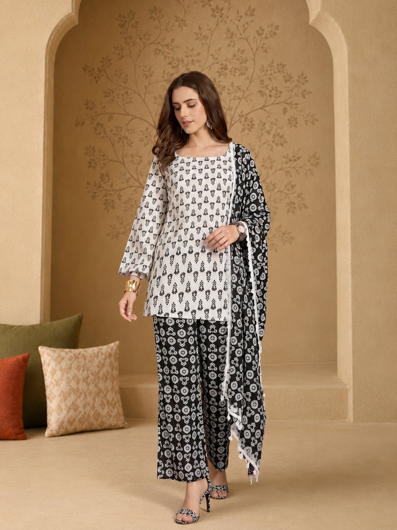 Stylum Women's Black Ethnic Motif Printed Cotton Straight Short Kurti Pant Dupatta Set (KPDBLACKKAZAMA)