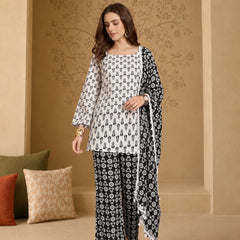 Stylum Women's Black Ethnic Motif Printed Cotton Straight Short Kurti Pant Dupatta Set (KPDBLACKKAZAMA)