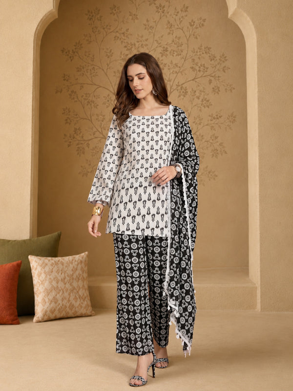 Stylum Women's Black Ethnic Motif Printed Cotton Straight Short Kurti Pant Dupatta Set (KPDBLACKKAZAMA)