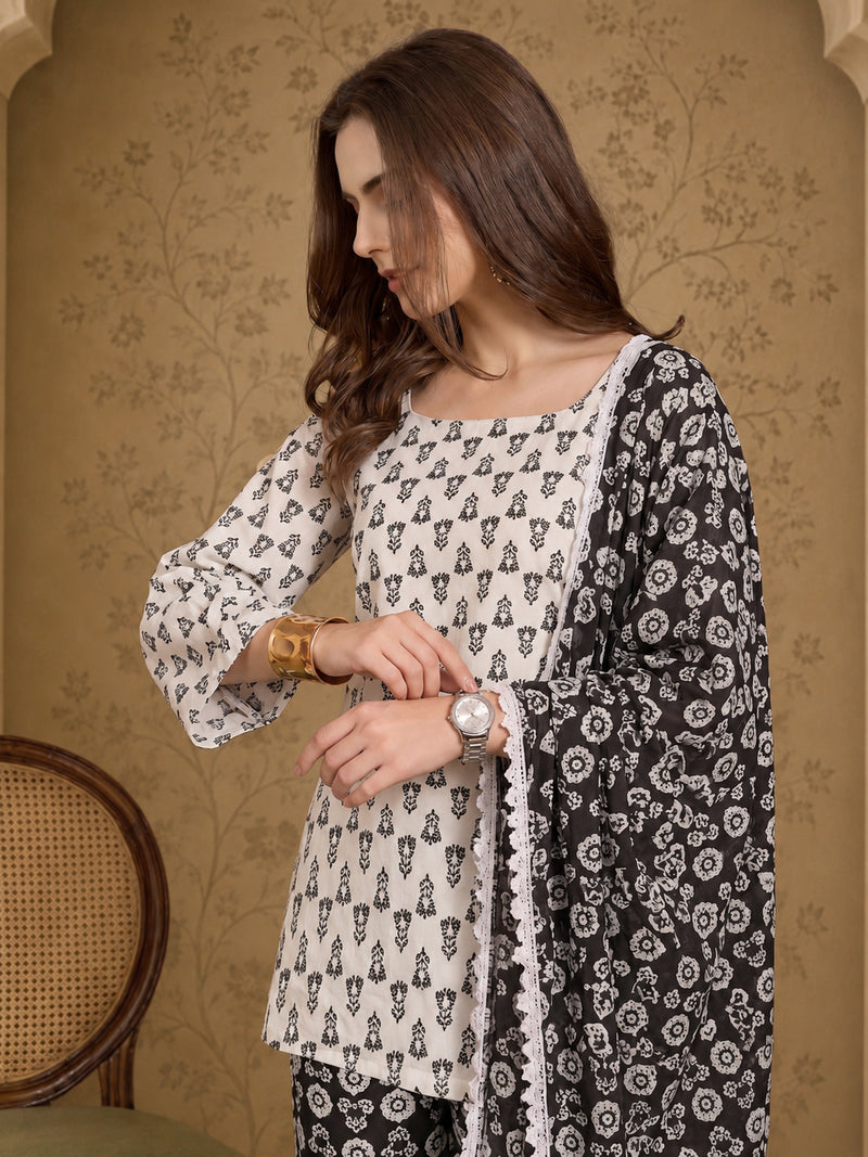 Stylum Women's Black Ethnic Motif Printed Cotton Straight Short Kurti Pant Dupatta Set (KPDBLACKKAZAMA)