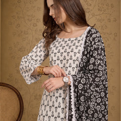 Stylum Women's Black Ethnic Motif Printed Cotton Straight Short Kurti Pant Dupatta Set (KPDBLACKKAZAMA)