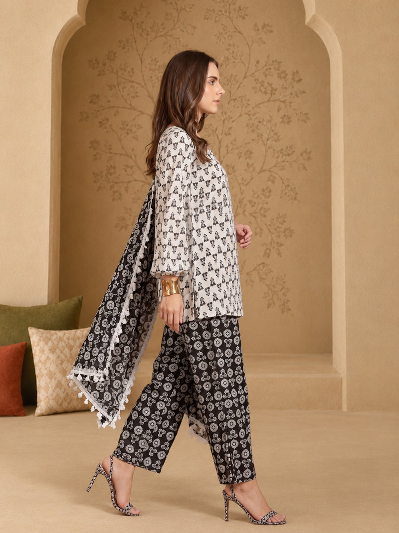 Stylum Women's Black Ethnic Motif Printed Cotton Straight Short Kurti Pant Dupatta Set (KPDBLACKKAZAMA)