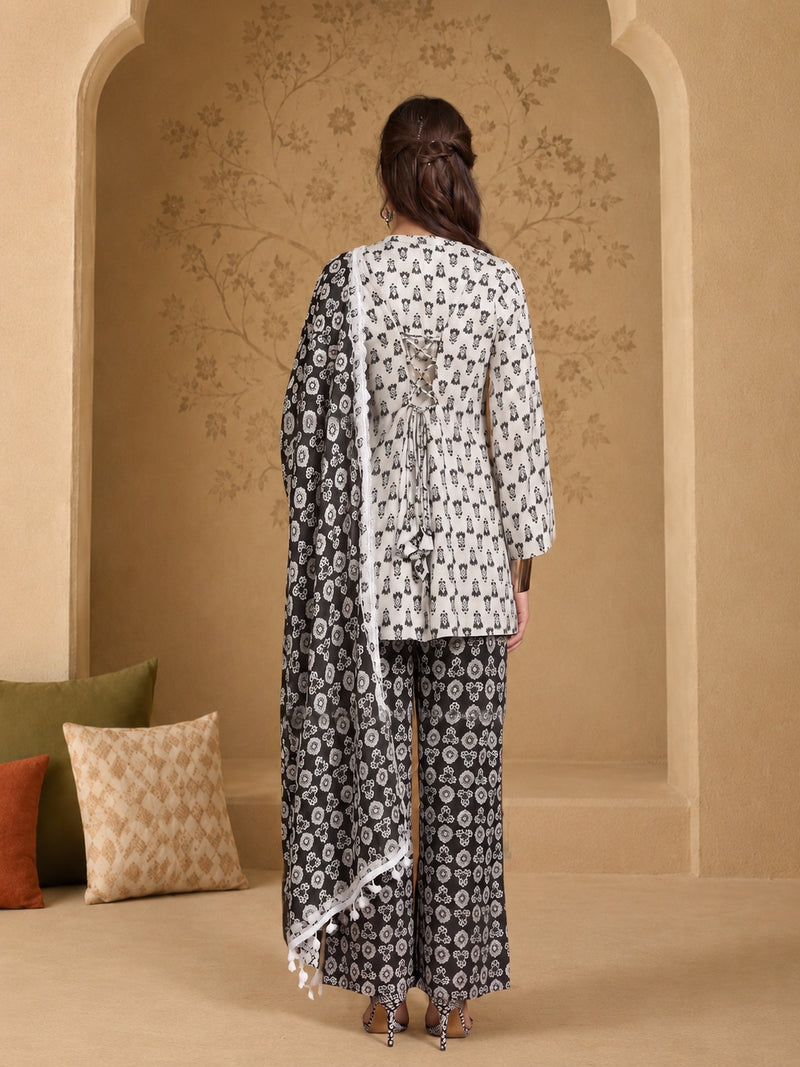 Stylum Women's Black Ethnic Motif Printed Cotton Straight Short Kurti Pant Dupatta Set (KPDBLACKKAZAMA)