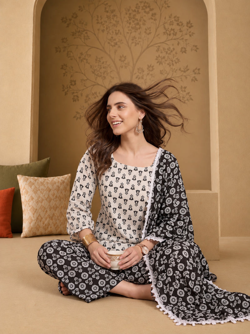 Stylum Women's Black Ethnic Motif Printed Cotton Straight Short Kurti Pant Dupatta Set (KPDBLACKKAZAMA)