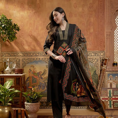 Stylum Women's Black Solid Cotton A-Line Kurta Pant Dupatta Set (KPDBLACKLIFAFA)