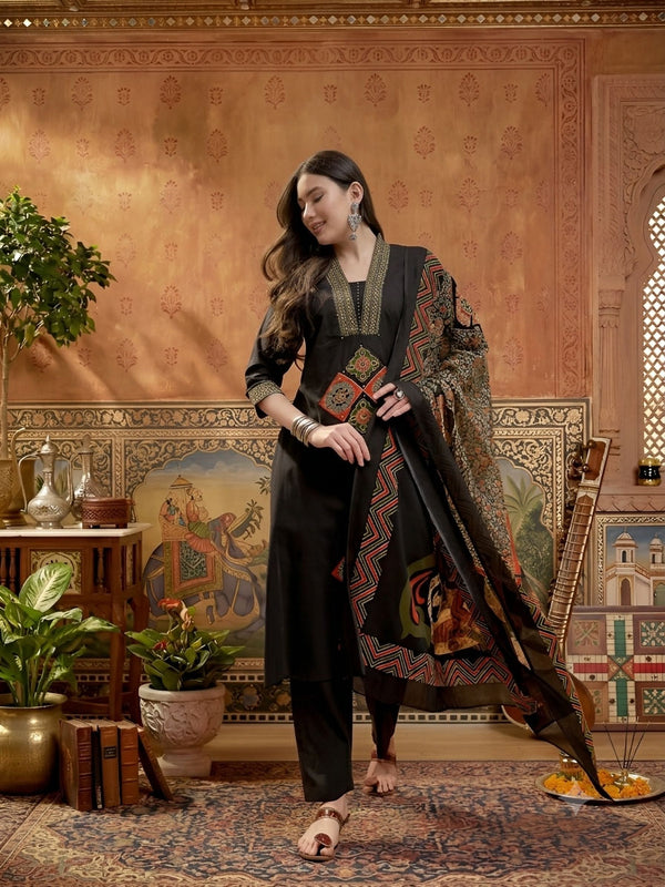 Stylum Women's Black Solid Cotton A-Line Kurta Pant Dupatta Set (KPDBLACKLIFAFA)