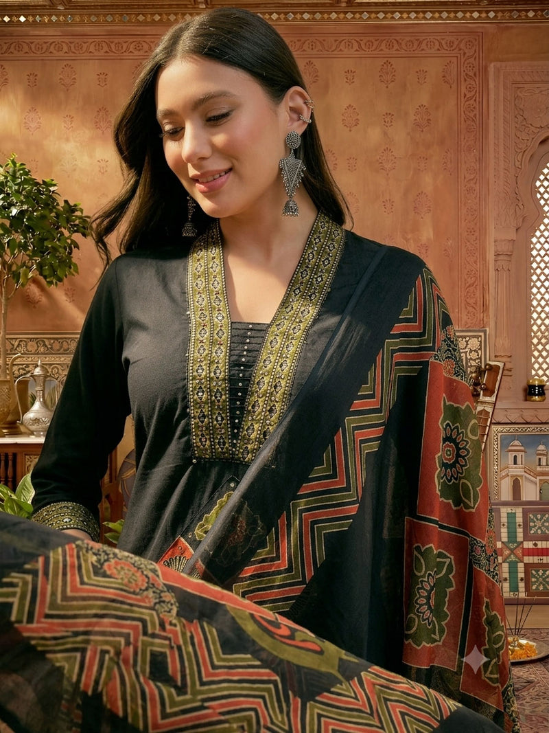 Stylum Women's Black Solid Cotton A-Line Kurta Pant Dupatta Set (KPDBLACKLIFAFA)