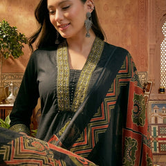 Stylum Women's Black Solid Cotton A-Line Kurta Pant Dupatta Set (KPDBLACKLIFAFA)