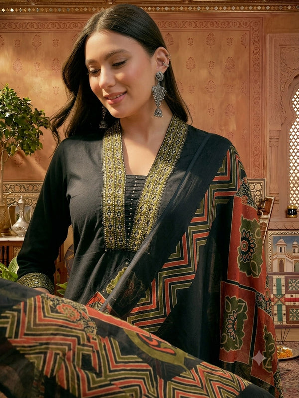 Stylum Women's Black Solid Cotton A-Line Kurta Pant Dupatta Set (KPDBLACKLIFAFA)