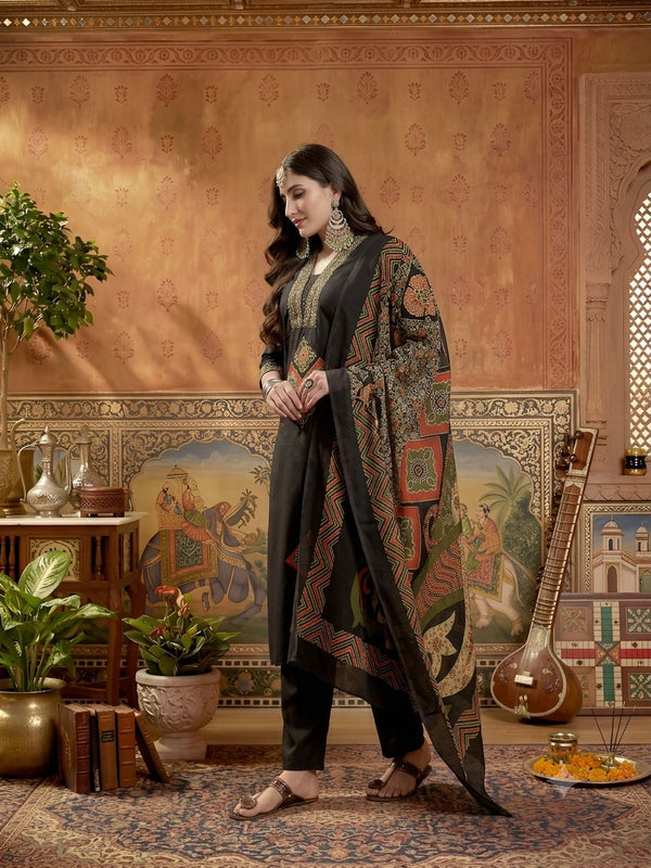 Stylum Women's Black Solid Cotton A-Line Kurta Pant Dupatta Set (KPDBLACKLIFAFA)