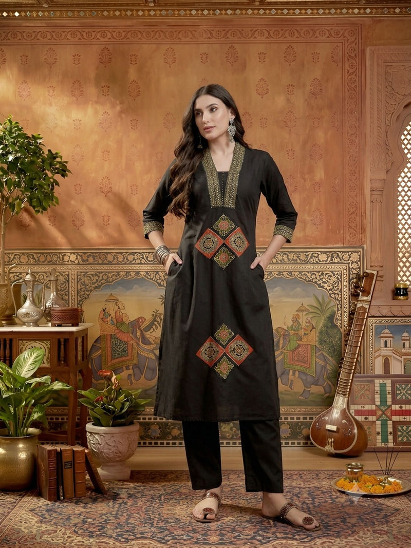 Stylum Women's Black Solid Cotton A-Line Kurta Pant Dupatta Set (KPDBLACKLIFAFA)