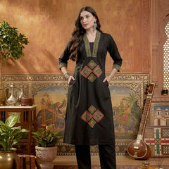Stylum Women's Black Solid Cotton A-Line Kurta Pant Dupatta Set (KPDBLACKLIFAFA)