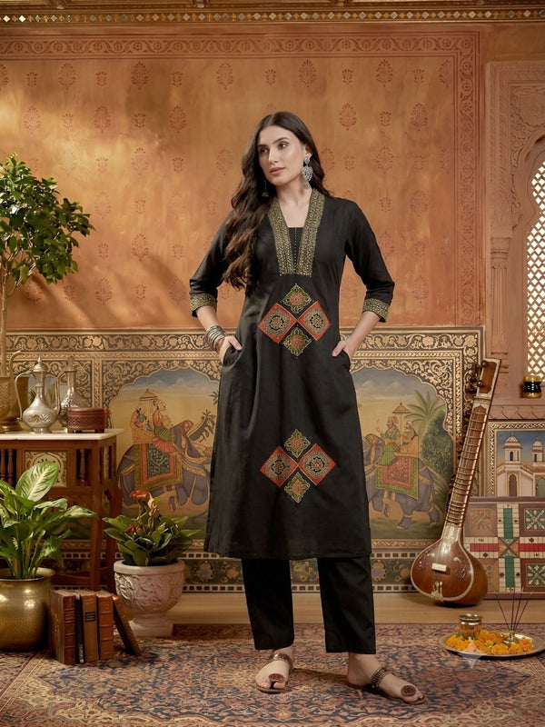 Stylum Women's Black Solid Cotton A-Line Kurta Pant Dupatta Set (KPDBLACKLIFAFA)