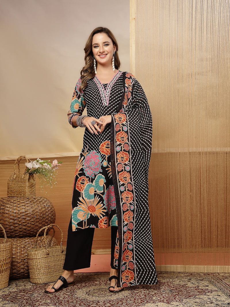 Stylum Women's Black Floral Printed Cotton Blend Straight Kurta Pant Dupatta Set (KPDBLACKMETA)