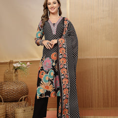 Stylum Women's Black Floral Printed Cotton Blend Straight Kurta Pant Dupatta Set (KPDBLACKMETA)