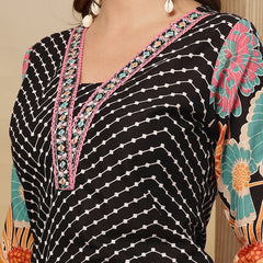 Stylum Women's Black Floral Printed Cotton Blend Straight Kurta Pant Dupatta Set (KPDBLACKMETA)