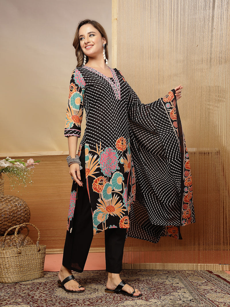 Stylum Women's Black Floral Printed Cotton Blend Straight Kurta Pant Dupatta Set (KPDBLACKMETA)