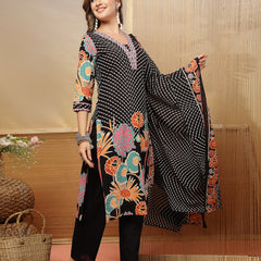 Stylum Women's Black Floral Printed Cotton Blend Straight Kurta Pant Dupatta Set (KPDBLACKMETA)