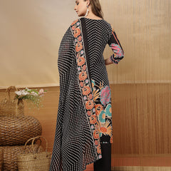 Stylum Women's Black Floral Printed Cotton Blend Straight Kurta Pant Dupatta Set (KPDBLACKMETA)