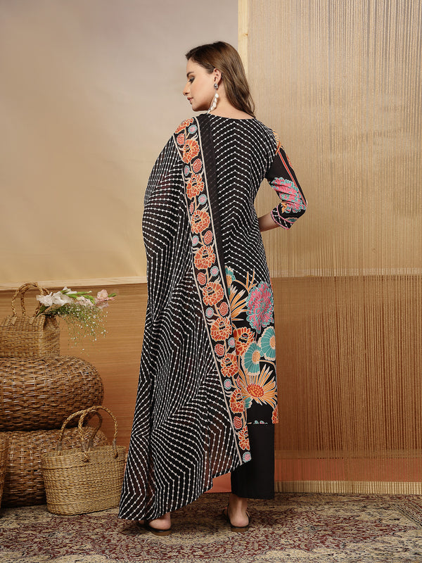 Stylum Women's Black Floral Printed Cotton Blend Straight Kurta Pant Dupatta Set (KPDBLACKMETA)