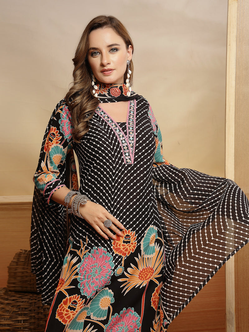 Stylum Women's Black Floral Printed Cotton Blend Straight Kurta Pant Dupatta Set (KPDBLACKMETA)