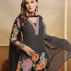 Stylum Women's Black Floral Printed Cotton Blend Straight Kurta Pant Dupatta Set (KPDBLACKMETA)