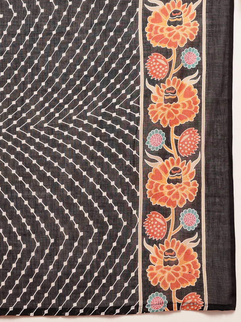 Stylum Women's Black Floral Printed Cotton Blend Straight Kurta Pant Dupatta Set (KPDBLACKMETA)