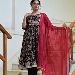 Stylum Women's Floral Printed Rayon Anarkali Kurta Pant Dupatta Set (KPDBLACKORCHID)