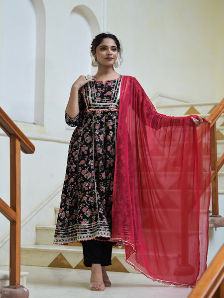 Stylum Women's Floral Printed Rayon Anarkali Kurta Pant Dupatta Set (KPDBLACKORCHID)