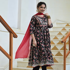 Black Rayon Anarkali Kurta Pant Dupatta Set