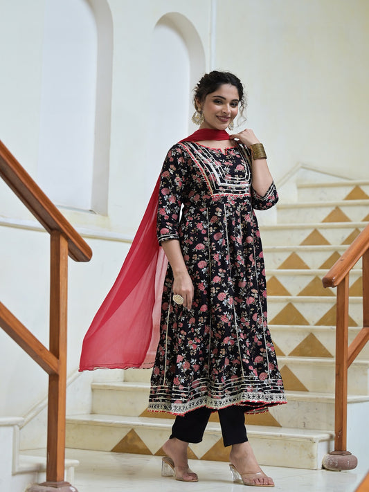 Black Rayon Anarkali Kurta Pant Dupatta Set