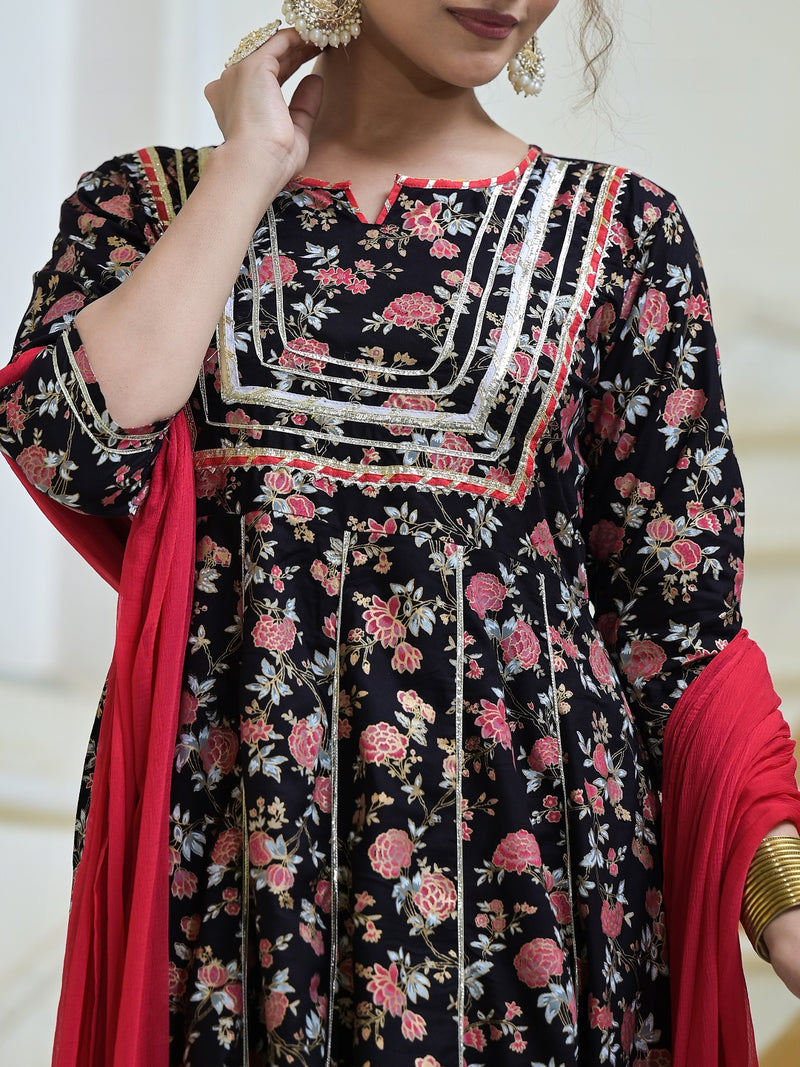 Stylum Women's Floral Printed Rayon Anarkali Kurta Pant Dupatta Set (KPDBLACKORCHID)