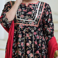 Stylum Women's Floral Printed Rayon Anarkali Kurta Pant Dupatta Set (KPDBLACKORCHID)