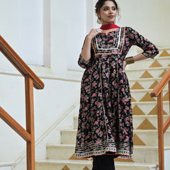 Stylum Women's Floral Printed Rayon Anarkali Kurta Pant Dupatta Set (KPDBLACKORCHID)