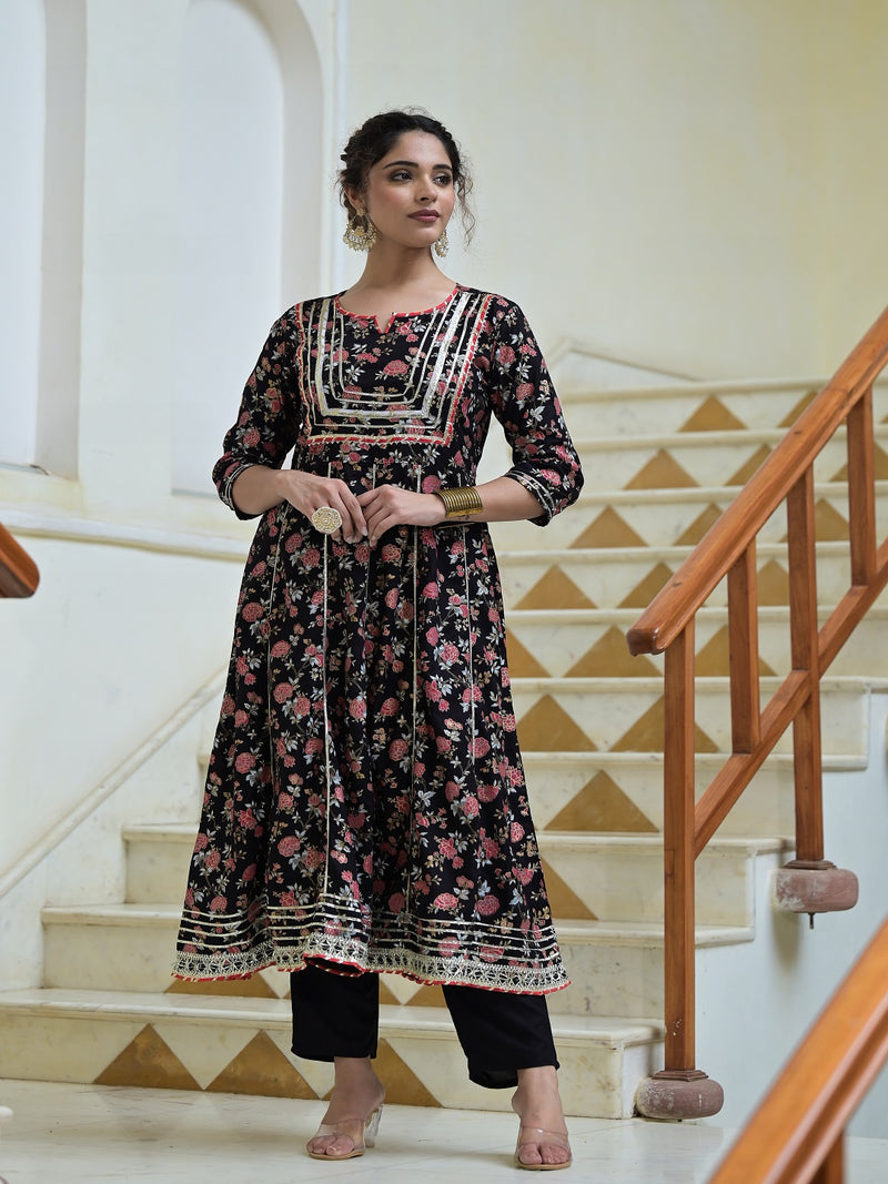 Black Rayon Anarkali Kurta Pant Dupatta Set