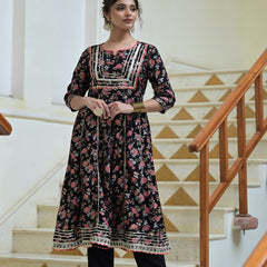 Black Rayon Anarkali Kurta Pant Dupatta Set
